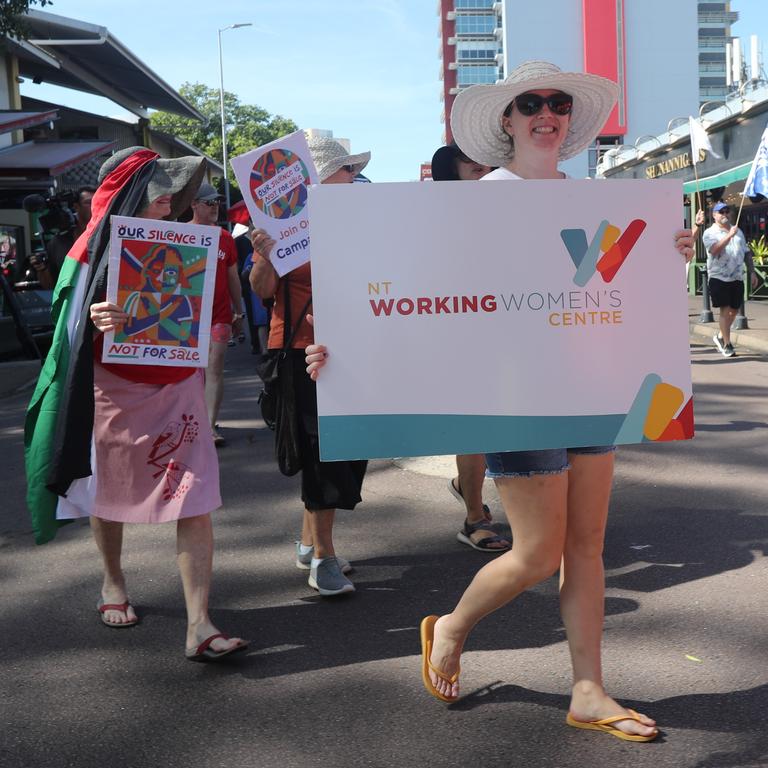 NT Working Women's Centre representatives marched through Darwin for the annual May Day march, celebrating union victories including the eight-hour work week, on Monday, May 5. Picture: Zizi Averill