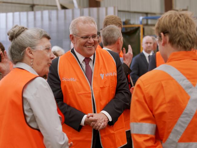 Prime Minister Scott Morrison tours the Varley Group engineering and manufacturing company in Tomago, near Newcastle, on Tuesday. Picture: NCA NewsWire/Joel Black