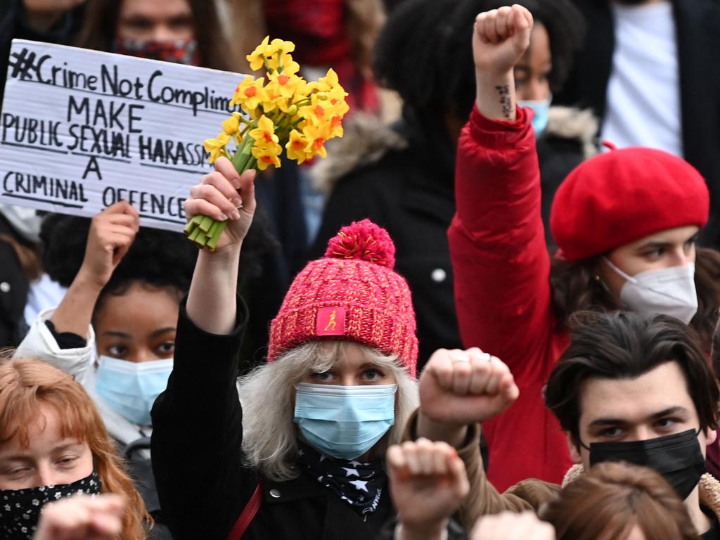 Protesters calling for greater public safety for women after the death of Sarah Everard gather in Parliament Square in central London on Sunday. Picture: Daniel Leal-Olivas / AFP