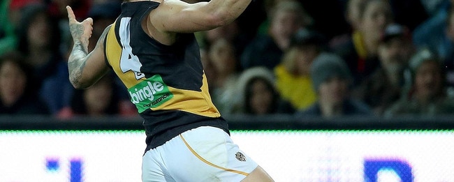 16/8/14 - AFL Round 21 - Adelaide v Richmond at Adelaide Oval - Dustin Martin celebrates a goal Picture Simon Cross