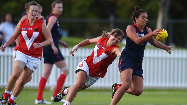 Norwood’s Ruth Wallace gets away during the SANFL women's grand final against North Adelaide at Unley Oval. Picture: Roger Wyman