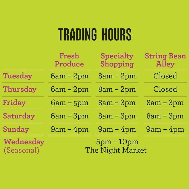 Current trading hours at the Queen Victoria Market.