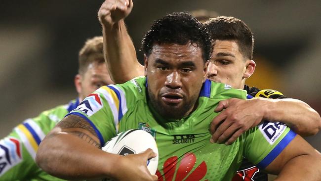 Raiders Junior Paulo breaks thru in the Canberra Raiders vs. Penrith Panthers in the Second Elimination Final at GIO Stadium in Canberra. Picture Kym Smith