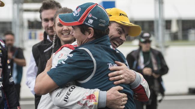 Craig Lowndes hugs Ludo Lacroix after winning Race 8 at Barbagallo. Pic: Matthew Poon.