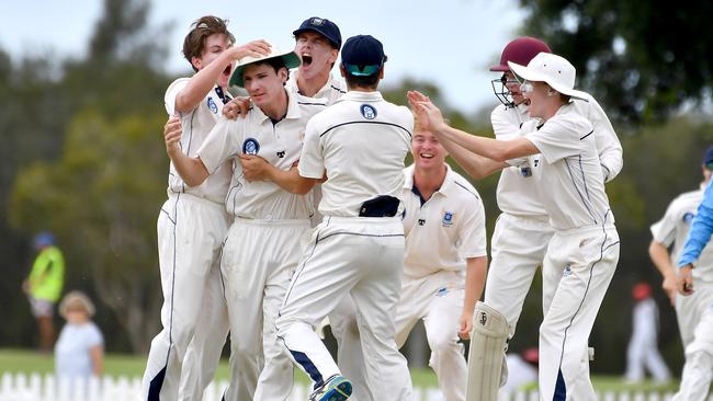 Will Sheedy and teammates from Brisbane Grammar School players celebrate a wicket GPS First XI cricket between Brisbane Grammar School and Terrace. Saturday February 12, 2022. Picture, John Gass