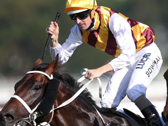 Hugh Bowman celebrates as Preferment claims back-to-back Group 1s with success in The BMW. Picture: AAP