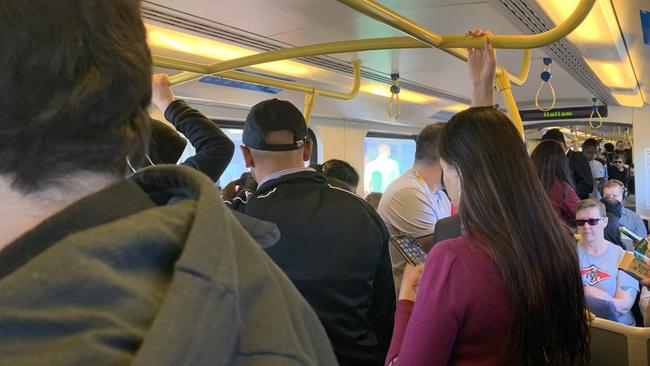 Commuters on packed trains said they couldn’t get a seat after Dandenong station. Picture: Suzan Delibasic