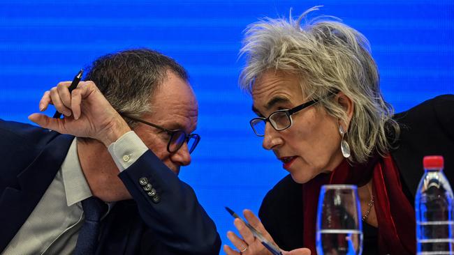 Peter Ben Embarek and Marion Koopmans attend a press conference to wrap up a visit by an international team of experts from the World Health Organization in Wuhan. Picture: Hector Retamal/ AFP