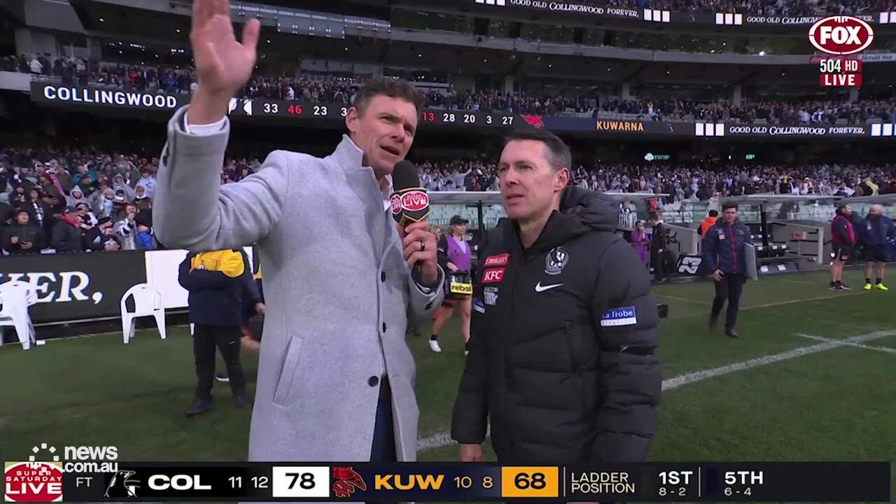 Collingwood coach Craig McRae breaks down after AFL victory