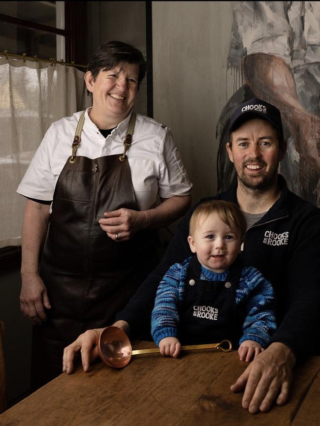 Chicken farmer Xavier Prime of Chooks at the Rooke with chef Annie Smithers, and his son, Max. Annie has worked with Xavier to produce recipes featuring cockerel meat. Picture: Supplied