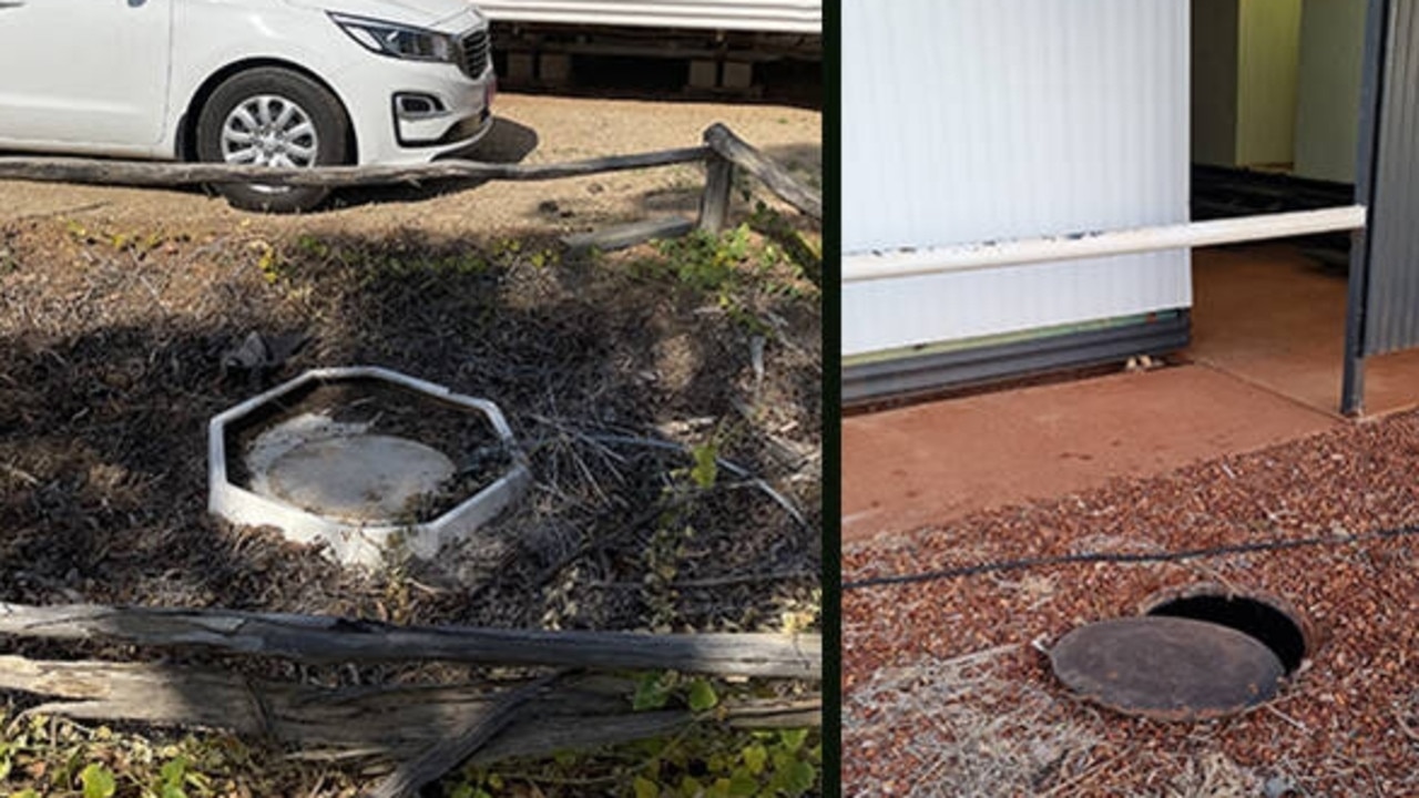 Septic tank lids in Katherine (left) and the Barkly region (right) taken after children fell into the sewage pits. Picture: NT WorkSafe