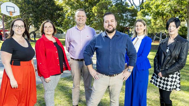 Left to right: Candidates Vicki Ryan, Cath Palmer, Darren Mitchell, Labor council leader Jared Cassidy, candidates Taylar Wojtasik and Leah Malzard. Photo: Richard Walker