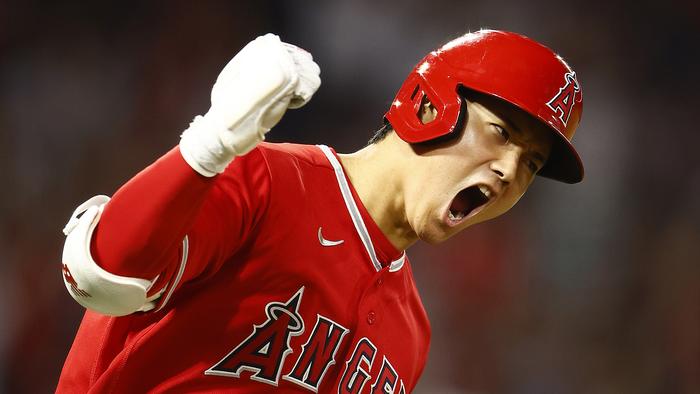 ANAHEIM, CALIFORNIA - JULY 17: Shohei Ohtani #17 of the Los Angeles Angels reacts after hitting a two-run home run against the New York Yankees in the seventh inning at Angel Stadium of Anaheim on July 17, 2023 in Anaheim, California. (Photo by Ronald Martinez/Getty Images)