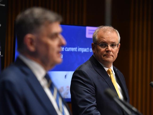 Chief Medical Officer Professor Brendan Murphy and Prime Minister Scott Morrison give a coronavirus update. Picture: AAP