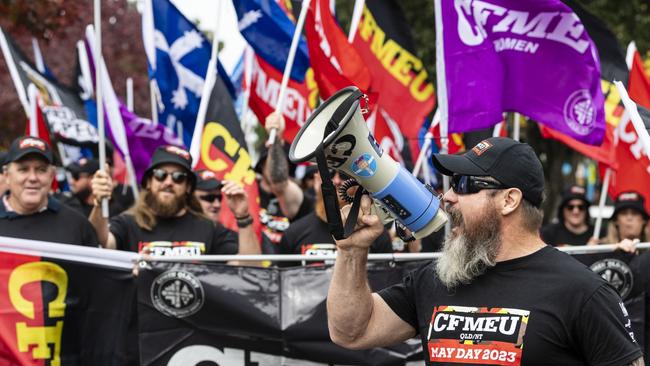 Jade Ingham leads the CFMEU members at the Toowoomba Labour Day march, Saturday, April 29, 2023. Picture: Kevin Farmer