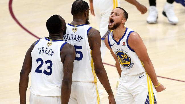 Golden State Warriors players celebrate during game three of the NBA finals. Picture: Getty Images