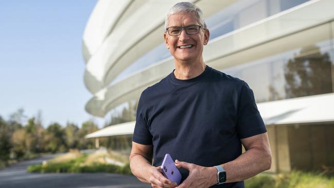 Apple CEO Tim Cook anchors the company’s unveiling of new products outdoors at Apple Parl, Cupertino. Picture: AFP