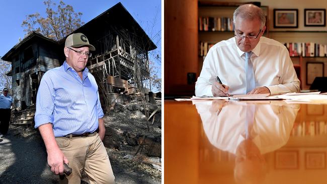 Prime Minister Scott Morrison visits bushfire-ravaged communities on the Gold Coast last year (left), and hard at work in his office during the coronavirus crisis. Pictures: AAP, PMO