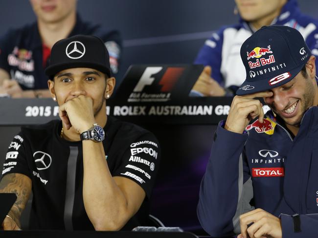 Mercedes AMG driver Lewis Hamilton and Red Bull Racing driver Daniel Ricciardo share a laugh. Picture: David Caird