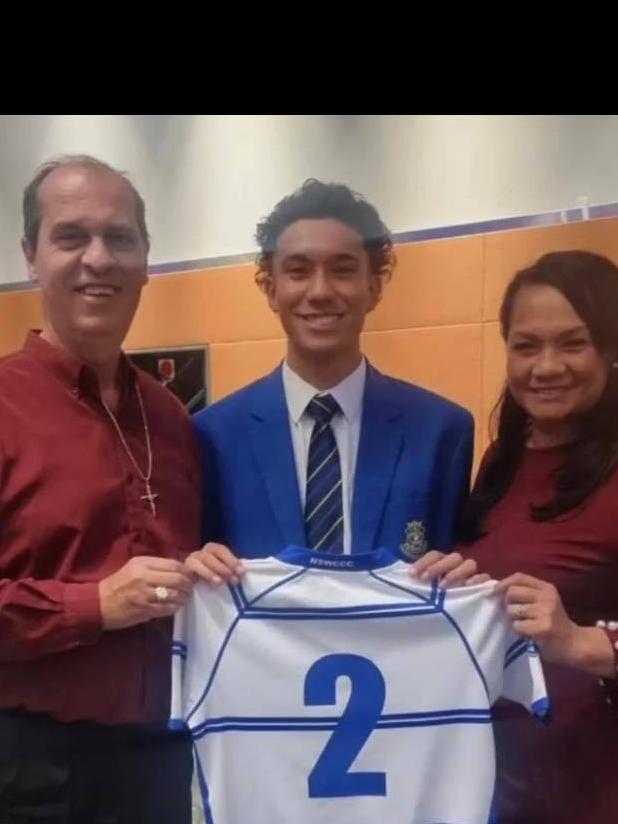 Redcliffe fullback John-Paul Donevski - pictured with his parents and his NSW Combined Catholic Colleges jersey in 2022.