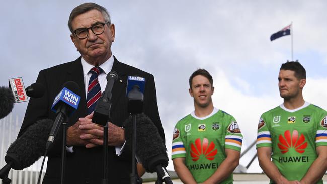 Huawei Technologies Australia Chairman John Lord speaks during a media event outside Parliament House in Canberra, Thursday, June 13, 2019. Huawei Australia has signed a new two year contract to continue as major sponsor of the Canberra Raiders of the National Rugby League (NRL). (AAP Image/Lukas Coch) NO ARCHIVING