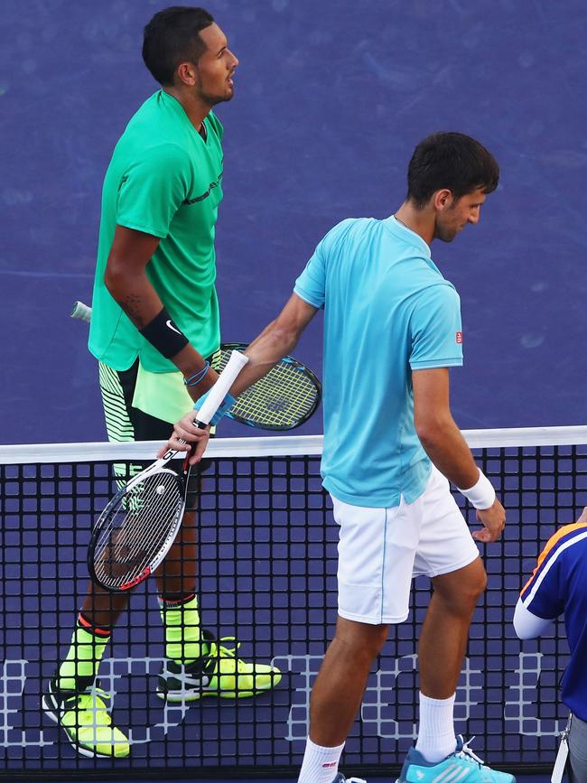 Nick Kyrgios and Djokovic after the Australian beat him a second straight time at Indian Wells in 2017.