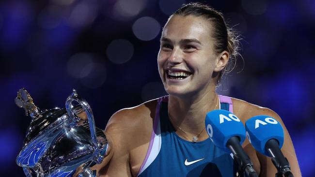 Aryna Sabalenka was all smiles after the women’s final. Picture: Getty Images