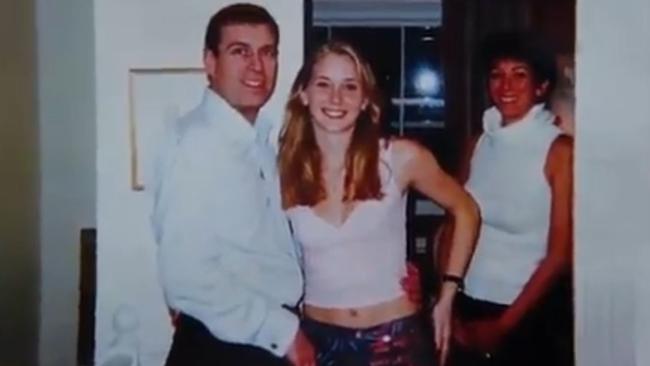 Prince Andrew, Virginia Roberts Giuffre and Ghislaine Maxwell are pictured together inside Maxwell’s London Mews home. Picture: Channel 9/60 Minutes