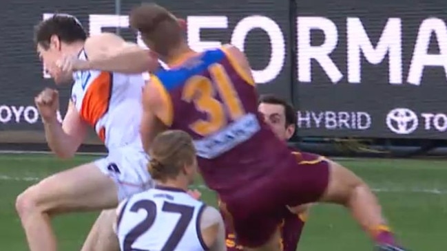 Greater Western Sydney's Jeremy Cameron catches Brisbane's Harris Andrews with his elbow.