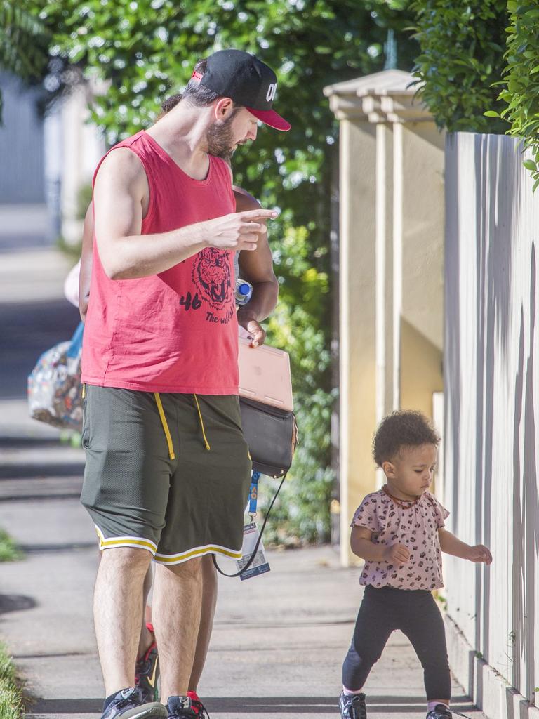 Serena Williams and her husband Alexis Ohanian enjoy an afternoon walk with their 1-year-old daughter Alexia Olympia. Serena's daughter looked seriously cute, toddling her way down the footpath, wearing Nike sneakers like her Mummy. Picture: MediaMode