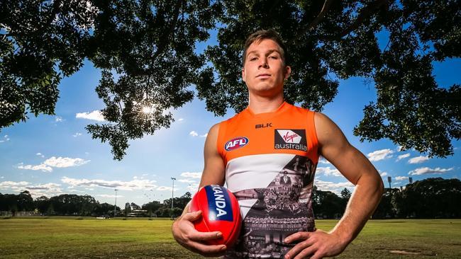 GWS midfielder Toby Green in the special 100th game jumper. Picture: Craig Greenhill