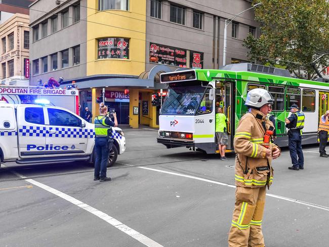 Tram vs Truck, Elizabeth Street, Melbourne CBD. Emergency services attend the scene of an accident involving a tram and truck in Elizabeth Street, Melbourne. Picture: Jake Nowakowski