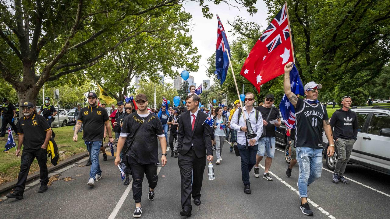 ‘Freedom Day’ protesters and Proud Boys rally in support of Australia Day. Picture: Jake Nowakowski