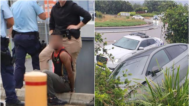 The alleged stolen Audi S5 crashed at the roundabout at Stadium Drive and the Pacific Highway Coffs Harbour. Three teens were charged after an alleged aggravated break and enter at a home in Sydney.