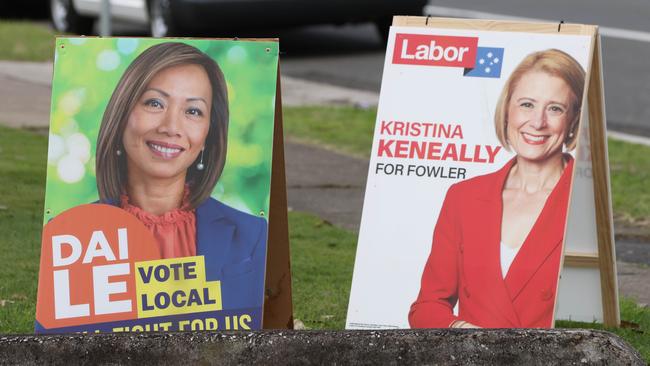 Independent candidate for Fowler Dai Le and Kristina Keneally posters in Sydney's Cabramatta. Picture: NCA NewsWire / Damian Shaw