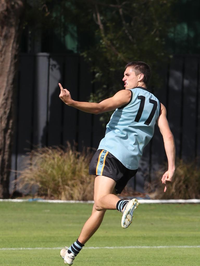 Xavier Ivisic celebrates a goal for Geelong Grammar. Picture: Alan Barber