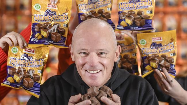 Menz CEO Phil Sims with the chocolates being exported to South Korea. Picture: AAP/Roy Vandervegt