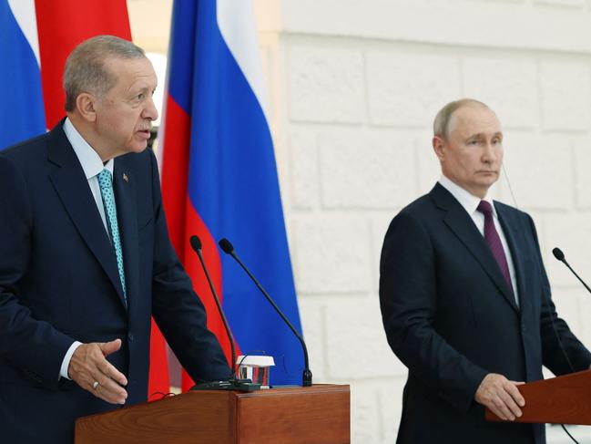 Russian President Vladimir Putin and his Turkish counterpart Recep Tayyip Erdogan (L) giving a press conference following a meeting in Sochi. Picture: AFP