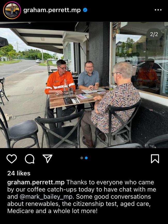 MPs Graham Perrett and Mark Bailey get together for coffee with constituents. Picture: Instagram.