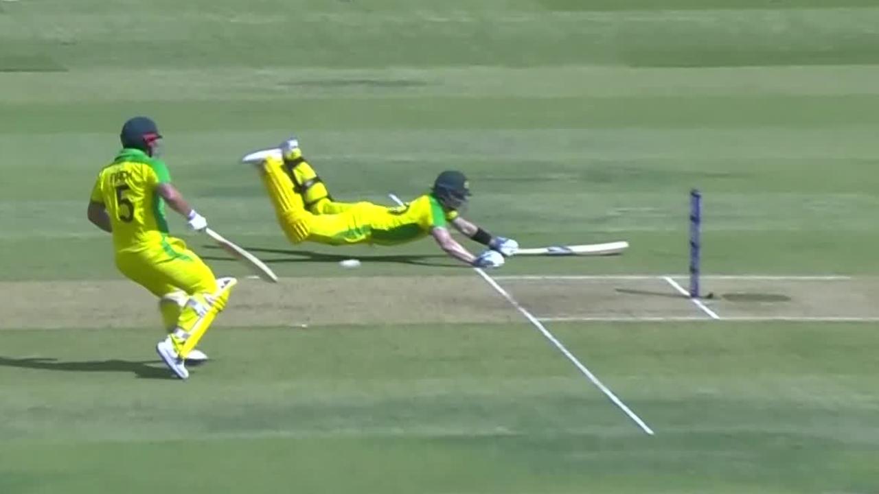 Aaron Finch was run out after a huge mix-up with Steve Smith.