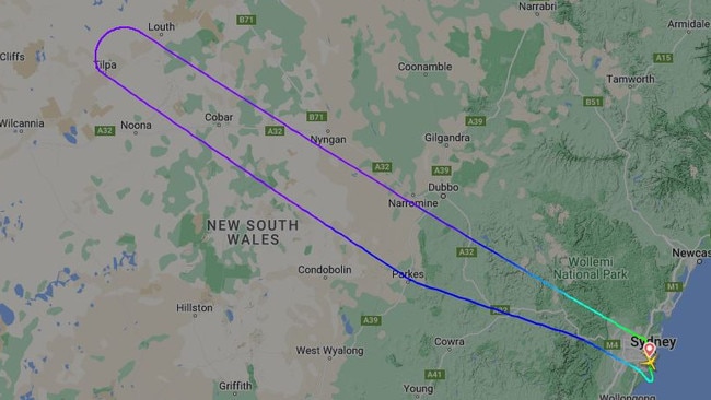 The plane, which can seat between 250 and 400 passengers, is still on the runway at Sydney Airport. Picture: Flight Radar 21