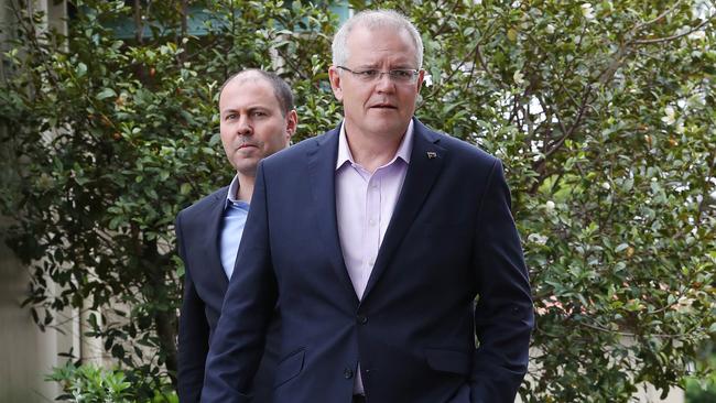 Prime Minister Scott Morrison and Treasurer Josh Freydenberg front the media at Kirribilli House yesterday after the by-election in Wentworth. Picture: David Swift.