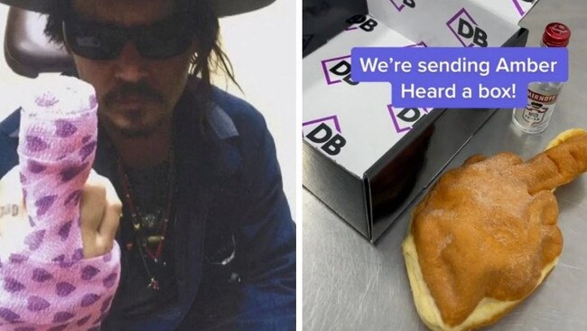 In the viral video, the bakery created a golden-brown doughnut in the shape of Depp’s hand, which the actor claims was “severed” by Heard while the pair were on vacation in Australia. Pictures: Reuters/TikTok/@dessertboxes