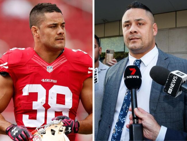 Jarryd Hayne in the NFL with San Francisco and after being found guilty of sexual assault in 2023. Photos: Getty Images/NCA Newswire