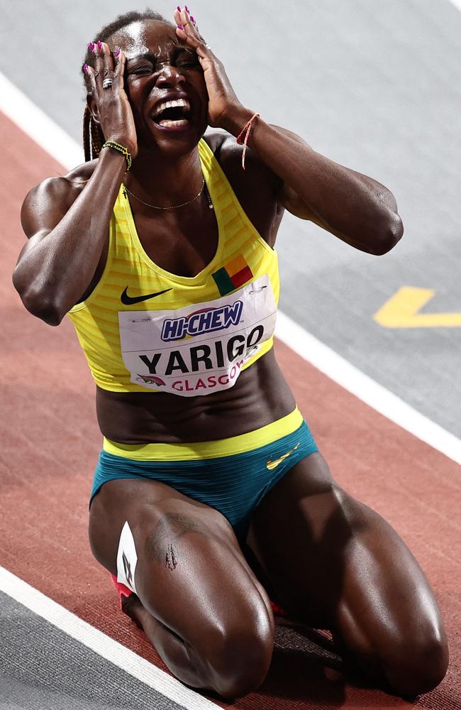 Noelie Yarigo of Benin celebrates her third-place finish in the Women’s 800m final at the Indoor World Athletics Championships in Glasgow. Picture: Anne-Christine Poujoulat/AFP