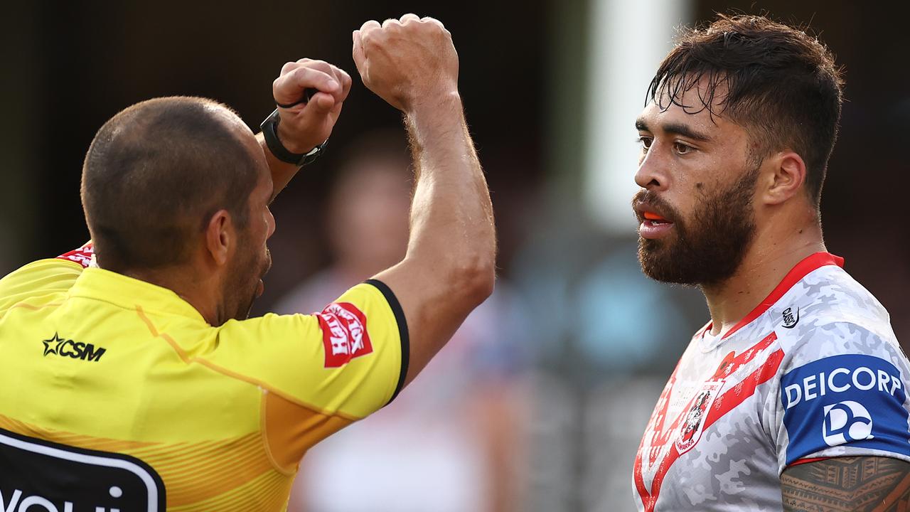 Jordan Pereira is placed on report and sent to the sin-bin after a high tackle on James Tedesco. Picture: Getty Images