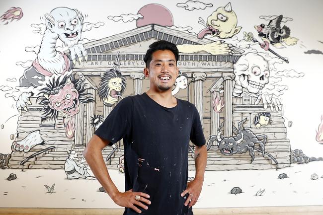 Kentaro Yoshida with his mural inside the AGNSW. Picture: Sam Ruttyn