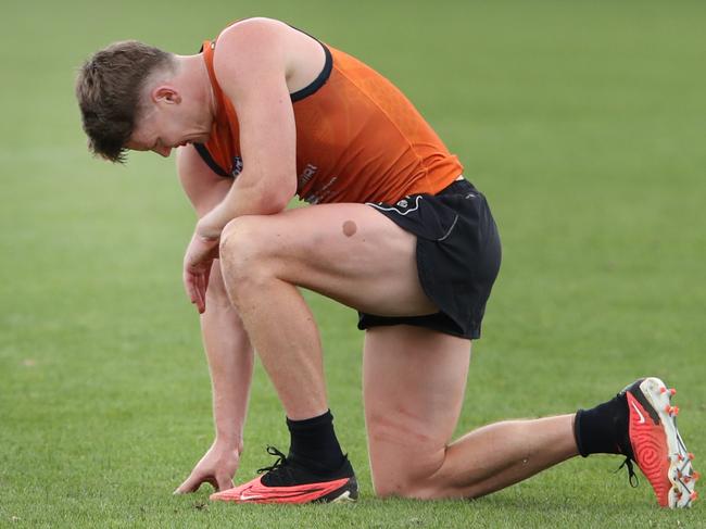 Matt Cottrell checks on SAM WALSH after a collision at Carlton Football training at Ikon Park. Saturday, December 16, 2023. Picture: David Crosling