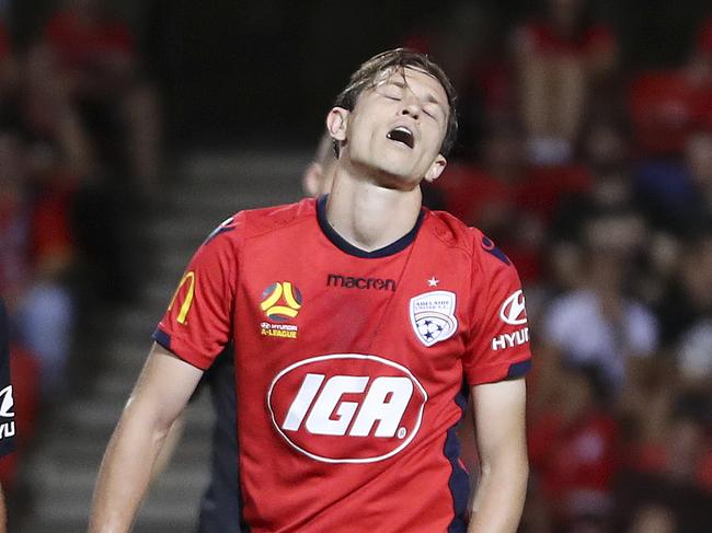 Craig Goodwin reacts to a missed opportunity. Picture: Sarah Reed