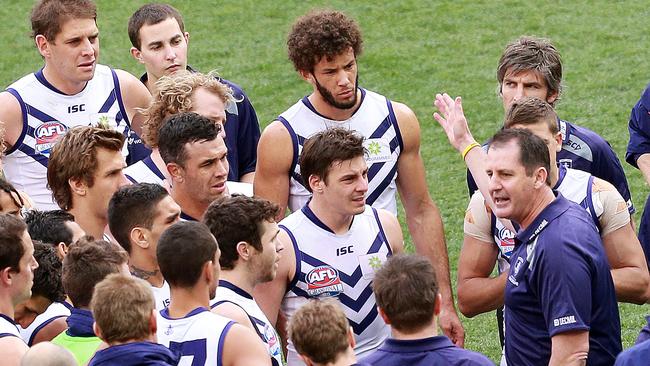2013 AFL Grand Final at the MCG, Melbourne , Australia - September 28th, Hawthorn V Fremantle. Ross Lyon pleads with his players at 3qtr time Picture by Chris Scott